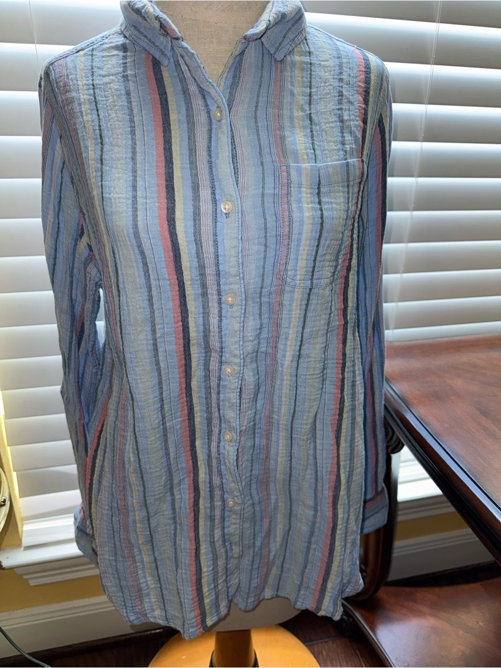 Vintage Gauze St. John's Bay Light Blue Striped Women's Button-Down Shirt
